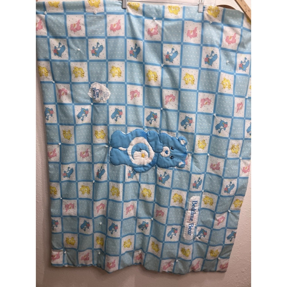 VTG Care Bears Hand Sewn Lightweight Baby Blanket Blue 43"x35" Nursery Bedtime